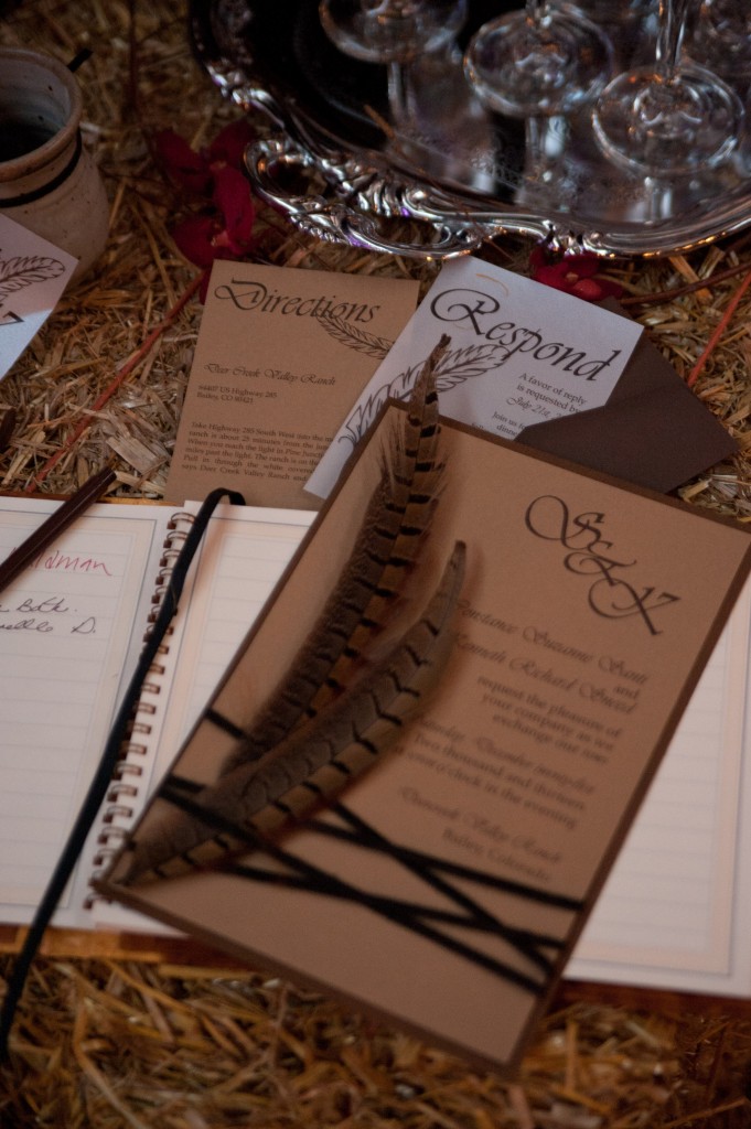 A custom made invitation with black suede and pheasant feathers